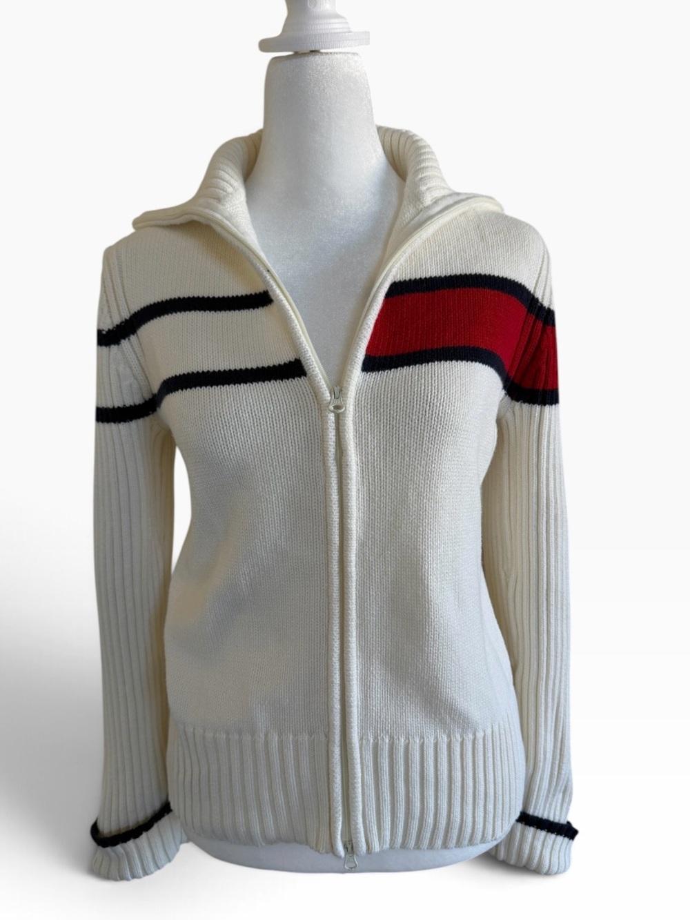 Tommy Hilfiger 100% Cotton White Zip-Up Cardigan with Navy and Red Stripe Sz M